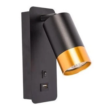 Vægspot med USB-oplader 1xGU10/35W/230V sort/guldfarvet
